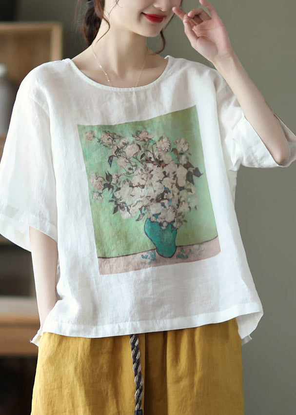 White O-neck Print Linen T Shirt Half Sleeve