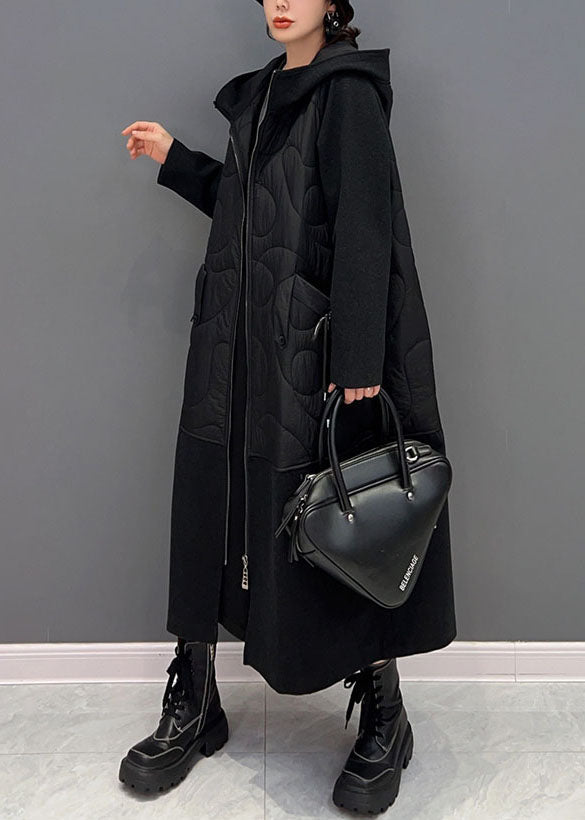 Black Hooded Pockets Patchwork Fine Cotton Filled Witner Coats