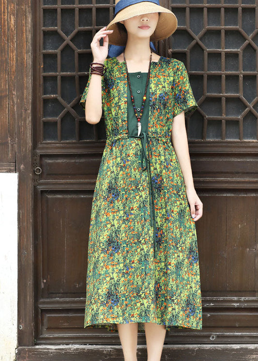 Green Square Collar Tie Waist Patchwork Fake Two Piece Dresses Short Sleeve