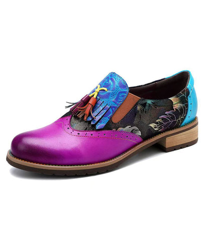 Colorblock Splicing Chunky Flat Shoes Cowhide Leather