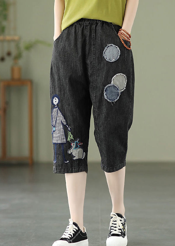 Blue Embroidered Print Elastic Waist Denim Crop Pants Summer