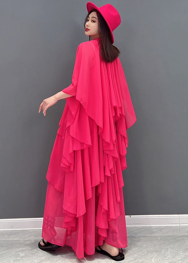 Red Stand Collar Asymmetrical Design Exra Large Hem Chiffon Beach Dress Short Sleeve
