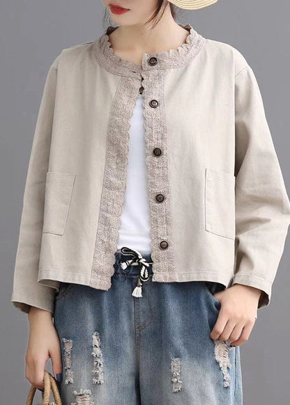 Loose Beige Retro Denim Pockets Coats Fall