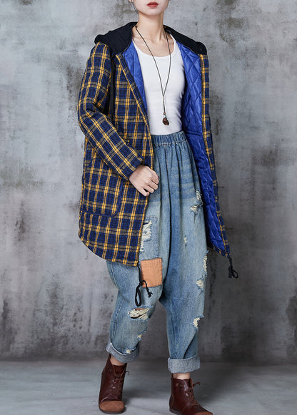 Yellow Hooded Plaid Fine Cotton Filled Coats Spring