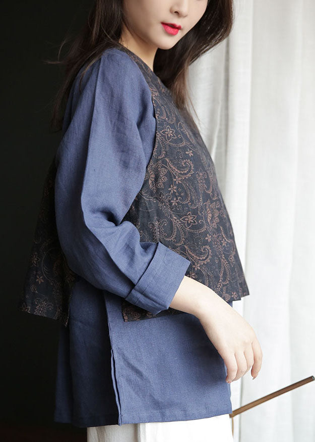 French Navy O-neck Patchwork Tie Waist Linen Fake Two Piece Shirt Tops Spring