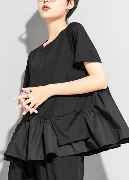 Modern Black O-neck Cinched Patchwork Pockets T Shirt Short Sleeve