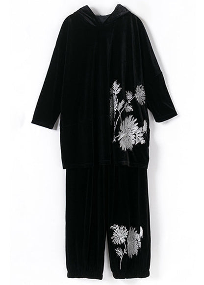 Black Embroideried Velour Top and Pants Two Pieces Set Fall