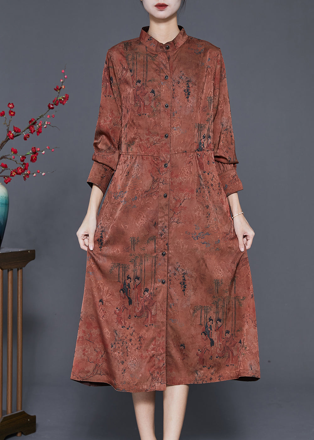 Coffee Stand Collar Print Tie Waist Silk Holiday Dress Spring
