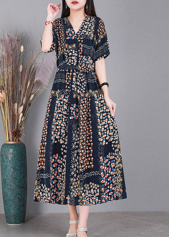 Navy V Neck Print Drawstring Silk Long Dress Short Sleeve