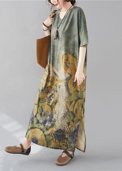 French V Neck Side Open Spring Tunic Dress Peacock Print Kaftan Dress
