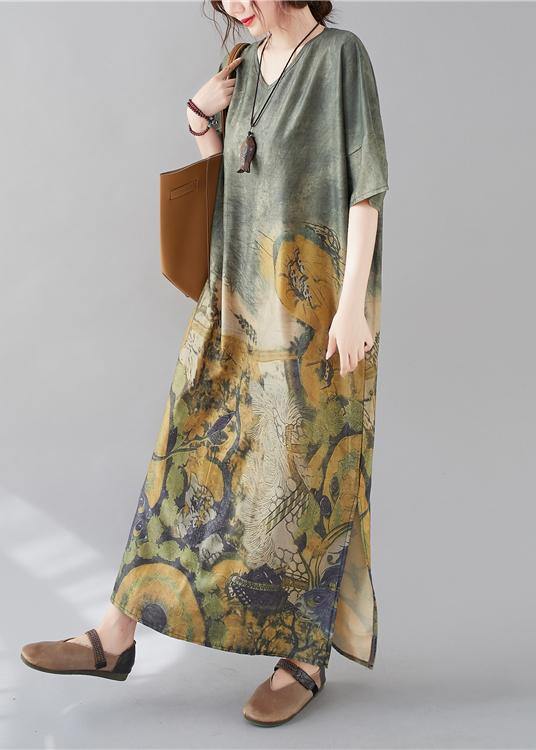 French V Neck Side Open Spring Tunic Dress Peacock Print Kaftan Dress
