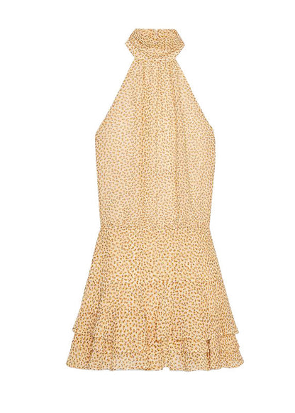 Yellow Backless Print Ruffled Chiffon Dresses Sleeveless