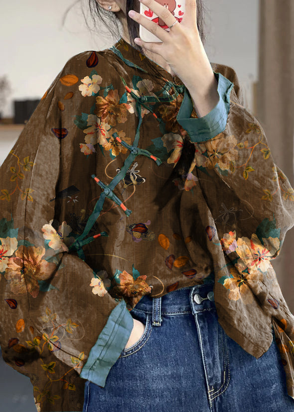 Loose Gray Text Button Print Patchwork Cotton Shirts Long Sleeve