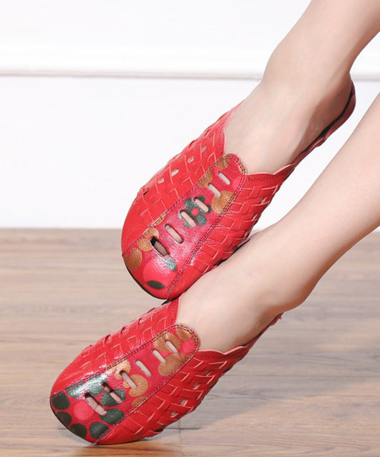 Hollow Out Splicing Red Cowhide Leather Slide Sandals