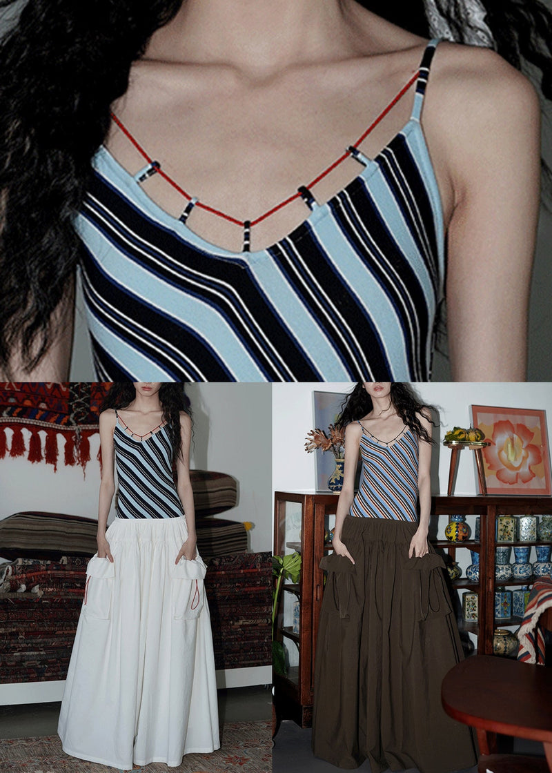 Slim Fit White Striped Pockets Patchwork Cotton Spaghetti Strap Dress Sleeveless