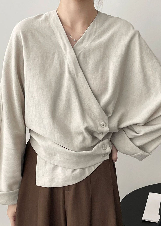 Apricot V Neck Asymmetrical Cozy Cotton Top Long Sleeve Spring