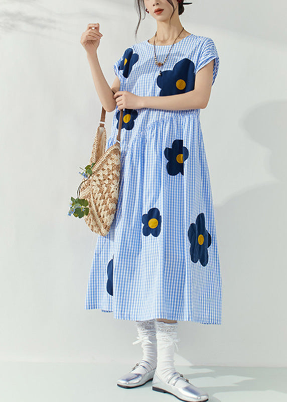Blue O-neck Plaid Tie Waist Maxi Dresses Summer
