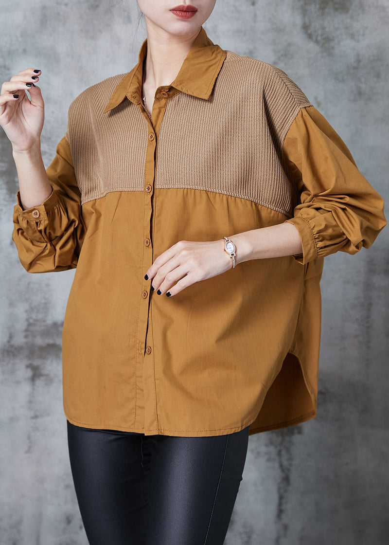 Caramel Oversized Patchwork Cotton Shirts Fall
