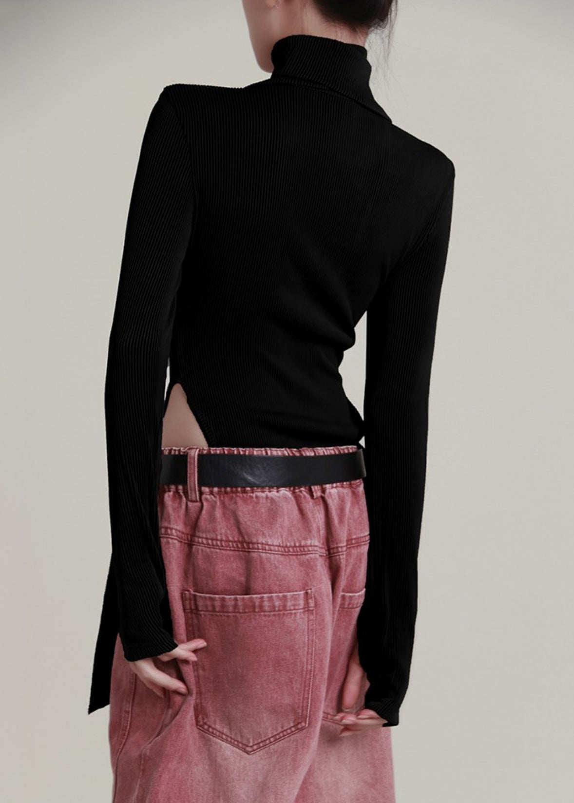Black U Neck Hollow Out Knit Jumpsuit Long Sleeve