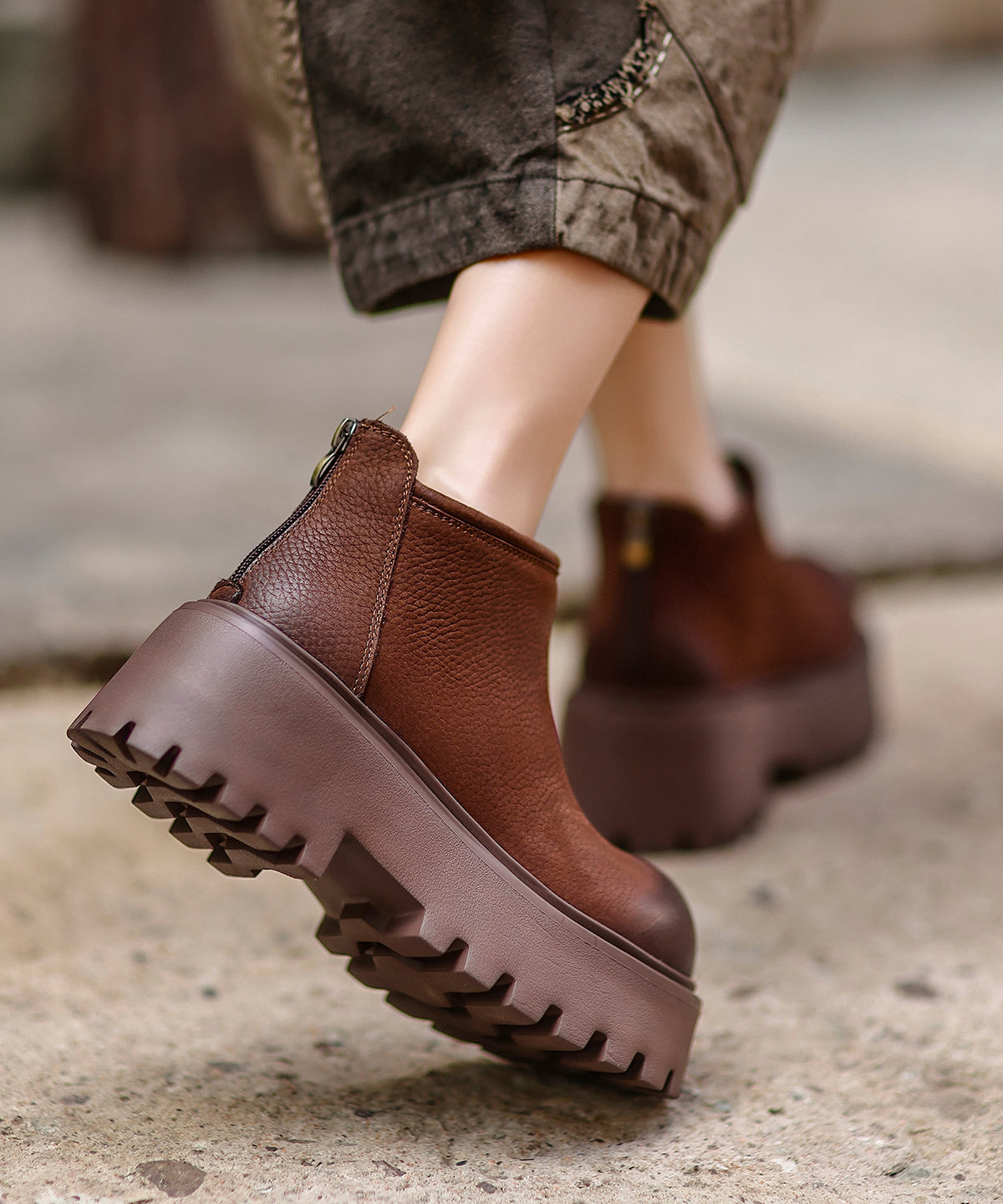 Khaki Zippered Splicing Platform Cowhide Leather Ankle Boots