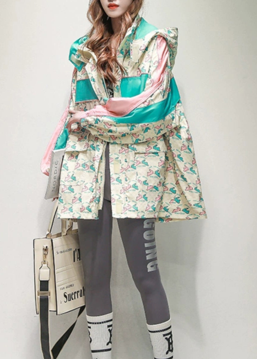 Loose Coffee Hooded Pockets Drawstring Cotton Coat Spring