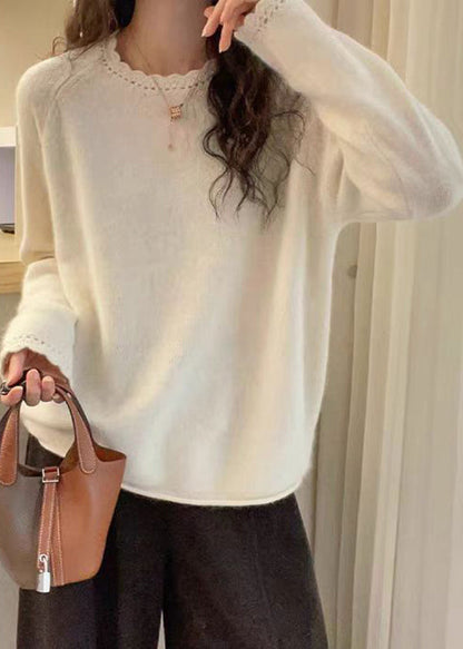 Loose White Cotton Knit Sweater O-neck Lace Patchwork Spring