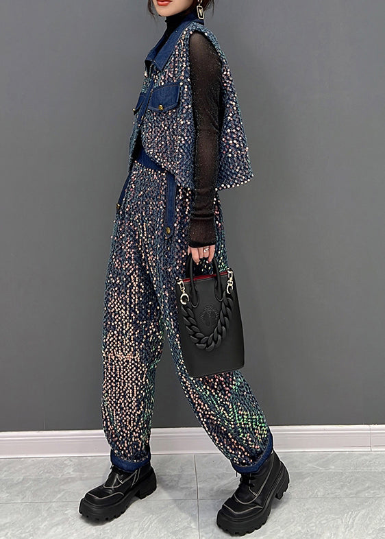 French Blue Sequins Tops and Pants Denim Two Piece Suit Set Fall