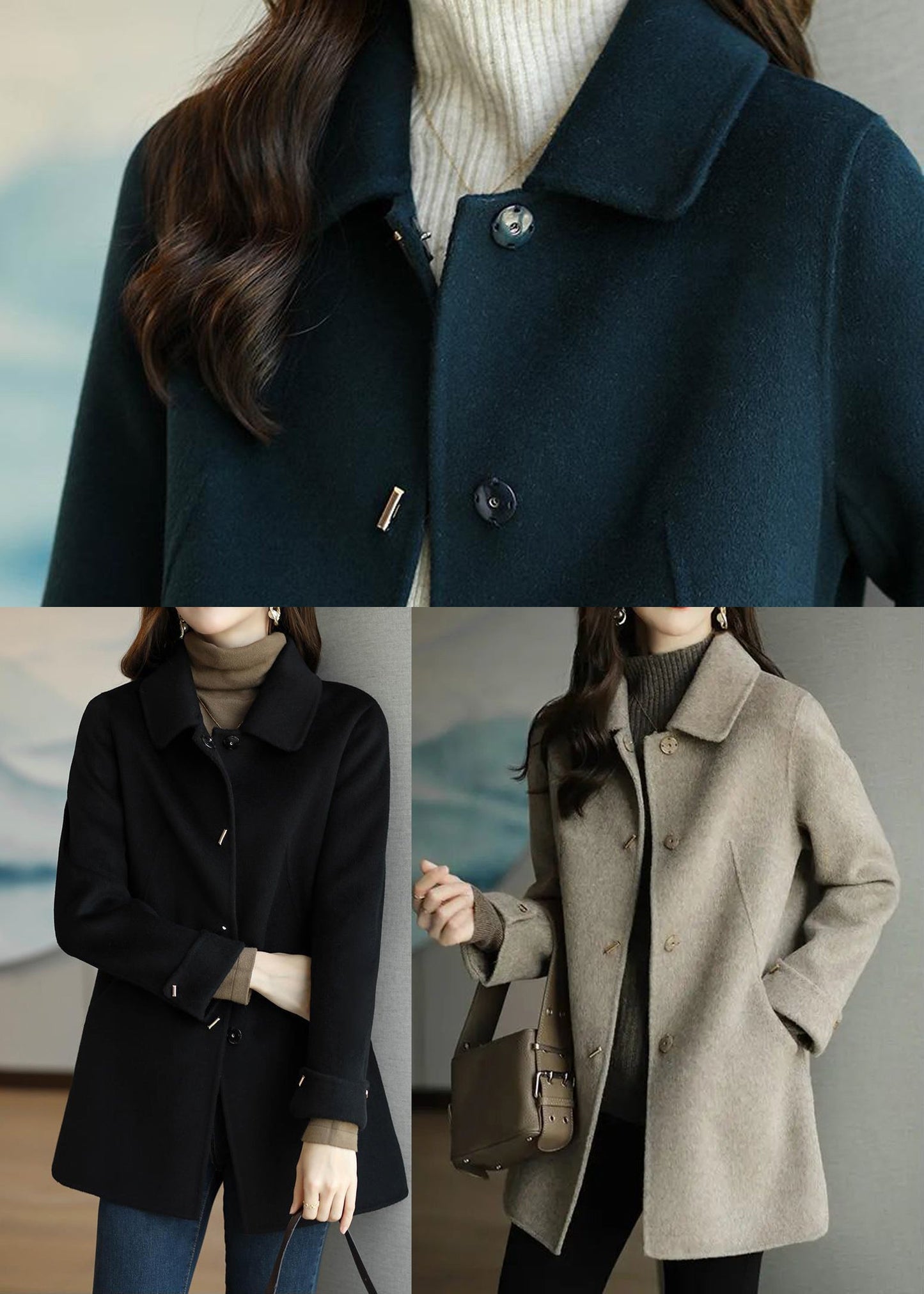 Black Peter Pan Collar Button Down Woolen Coat Fall
