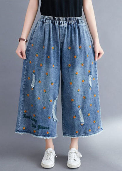 Blue Daisy Embroideried Pockets Cotton Denim Straight Pants Summer