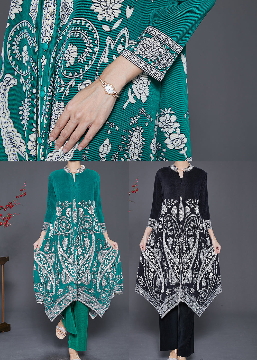 Diy Green Asymmetrical Print Silk Dress and Pant Two Pieces Set Fall