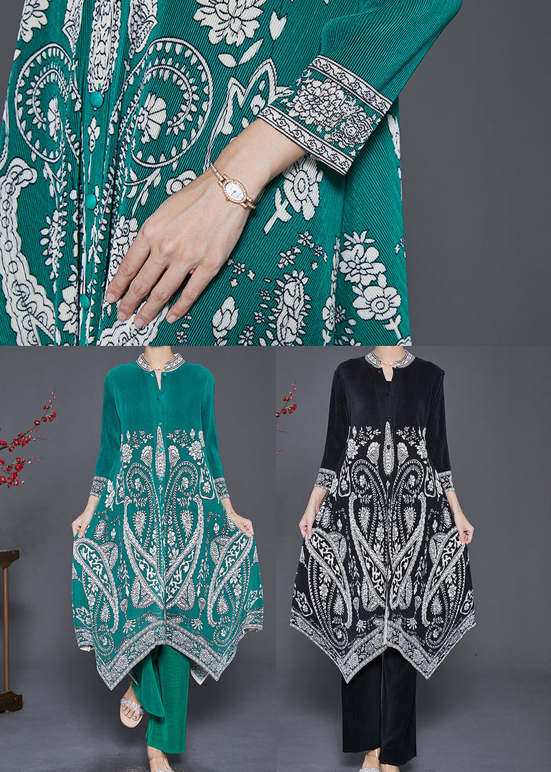 Diy Green Asymmetrical Print Silk Dress and Pant Two Pieces Set Fall