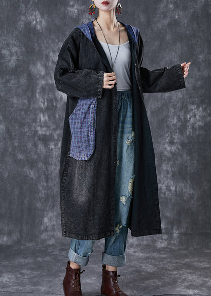 Black Hooded Patchwork Big Pockets Denim Coats Fall