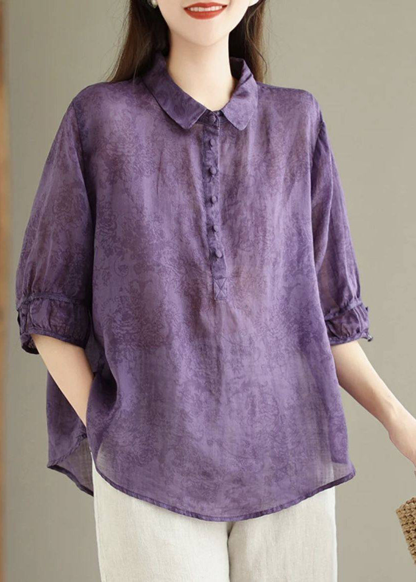 Navy Peter Pan Collar Print Cotton Shirt Top Summer