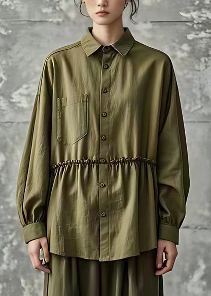 Army Green Ruffled Patchwork Top Fall