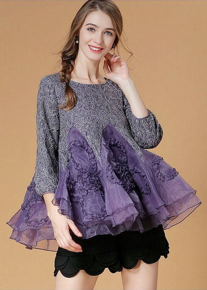 Purple Ruffled Patchwork Organza Shirt Top Bracelet Sleeve