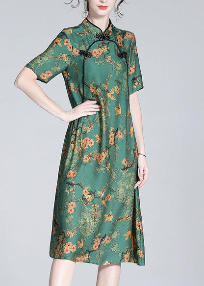 Green Stand Collar Print Button Silk Maxi Dress Short Sleeve