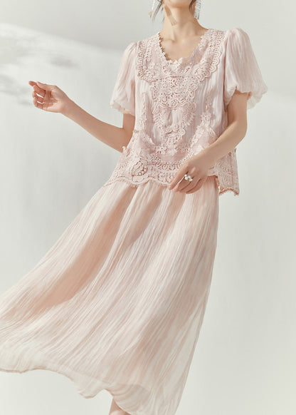 Pink Lace Patchwork Silk Cotton Top and Maxi Skirts Two Pieces Set Puff Sleeve