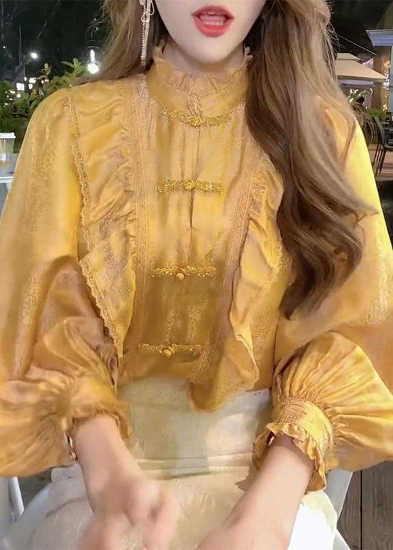 Organic Yellow Stand Collar Button Ruffled Tops Lantern Sleeve