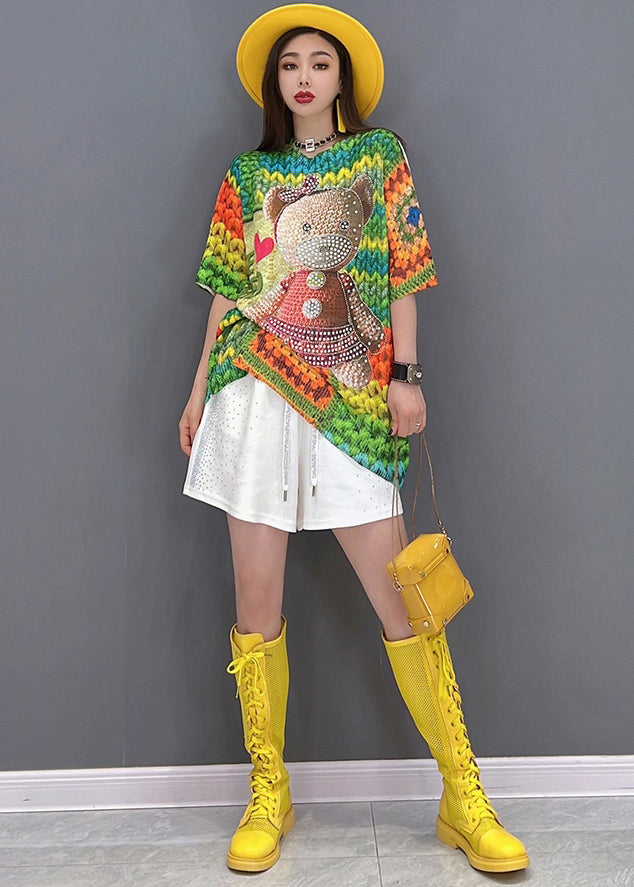 Modern Colorblock Multi O-neck Bear Print Cotton Tanks Tops Short Sleeve