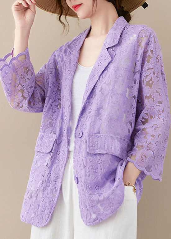 Purple Loose Lace Coats Pocket Hollow Out Long Sleeve