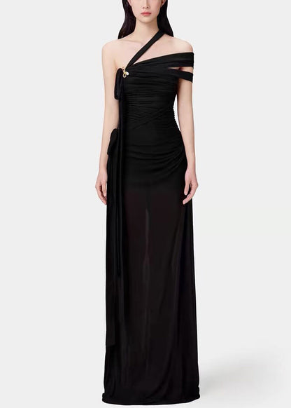 Slim Fit Black Asymmetrical Lace Up Cotton Party Dress Sleeveless