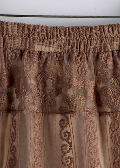 Chocolate Colour Embroideried High Waist Tulle a Line Skirt Fall