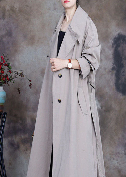Grey Tie Waist Button Peter Pan Collar Trench Coats Spring