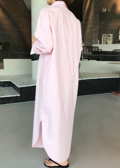 Italian Pink Peter Pan Collar Side Open Cotton Long Shirts Dresses Spring