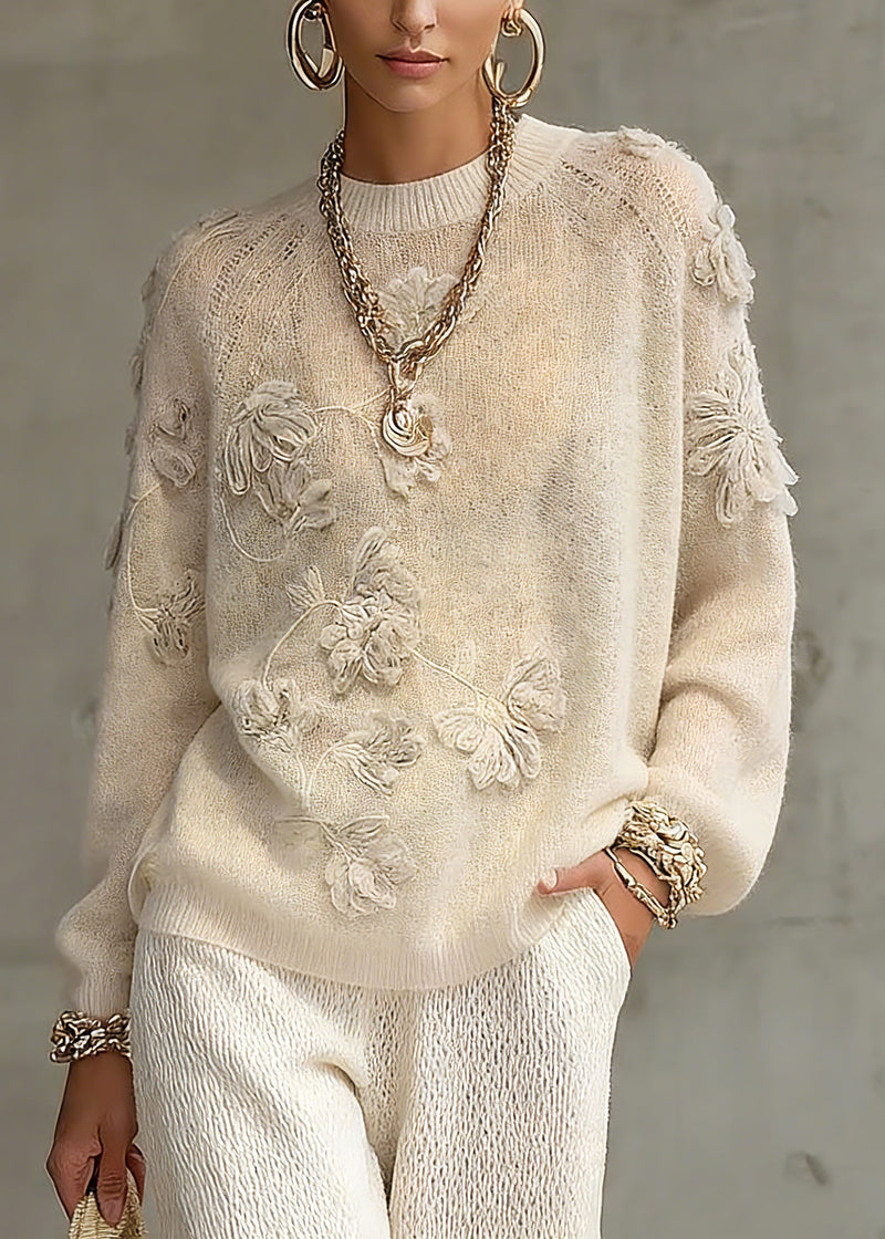 Beige O-neck Embroidered Cotton Knit Sweaters Spring