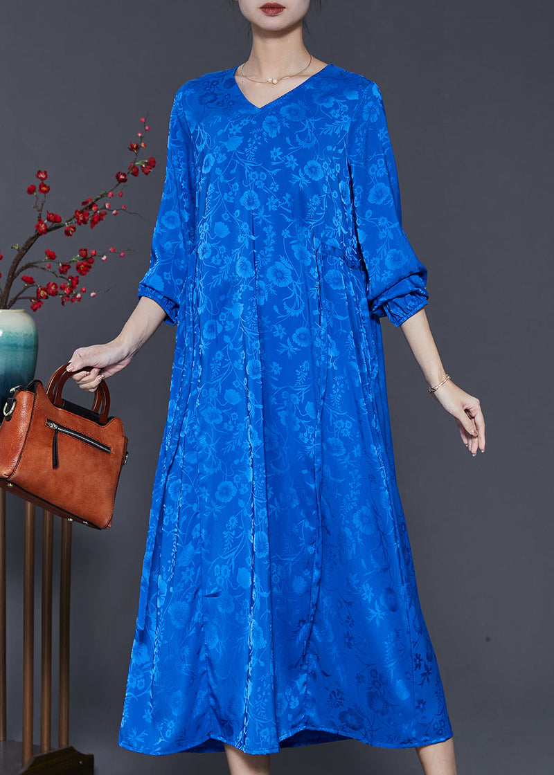 Blue Tie Waist Print Silk Dress Spring
