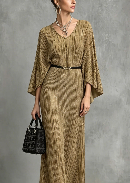 Italian Gold V Neck Long Dresses Batwing Sleeve