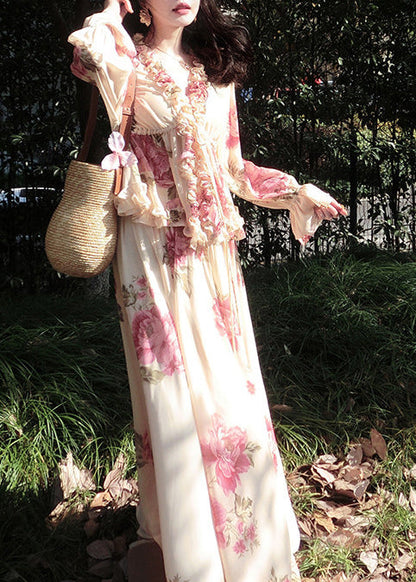 Apricot Ruffled Print Chiffon Two Pieces Set Spring