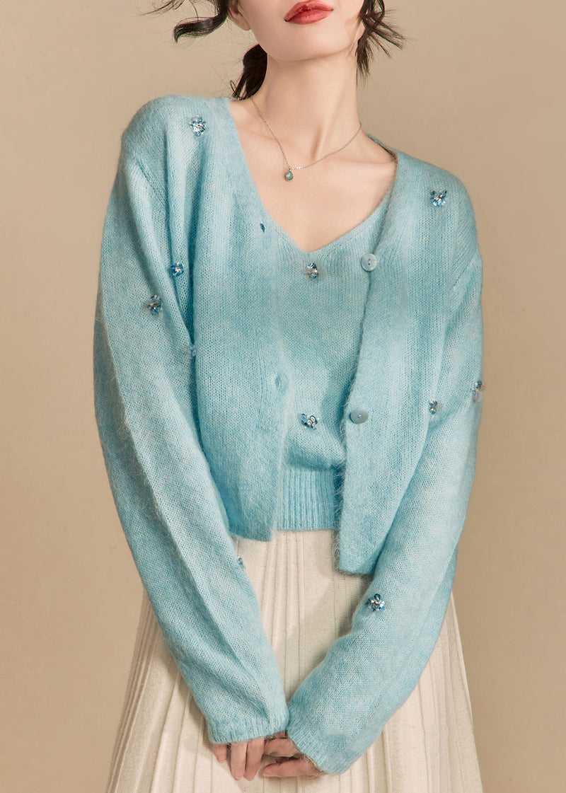 Art Blue Button Cardigans and Tank Knit Two Piece Set Spring