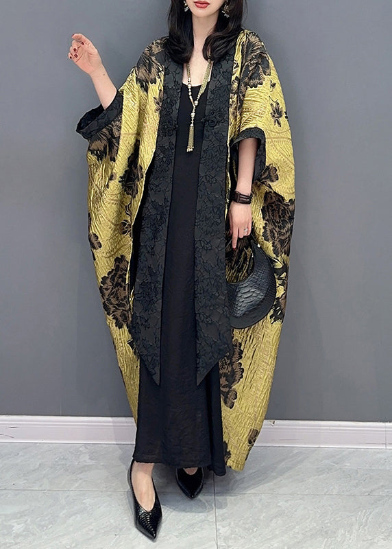 Chinese Style Yellow Patchwork Cotton Cardigan Batwing Sleeve